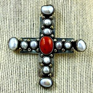 JOAN SLIFKA Sterling, Pearl And Spiny Oyster Cross  Brooch/Pendant